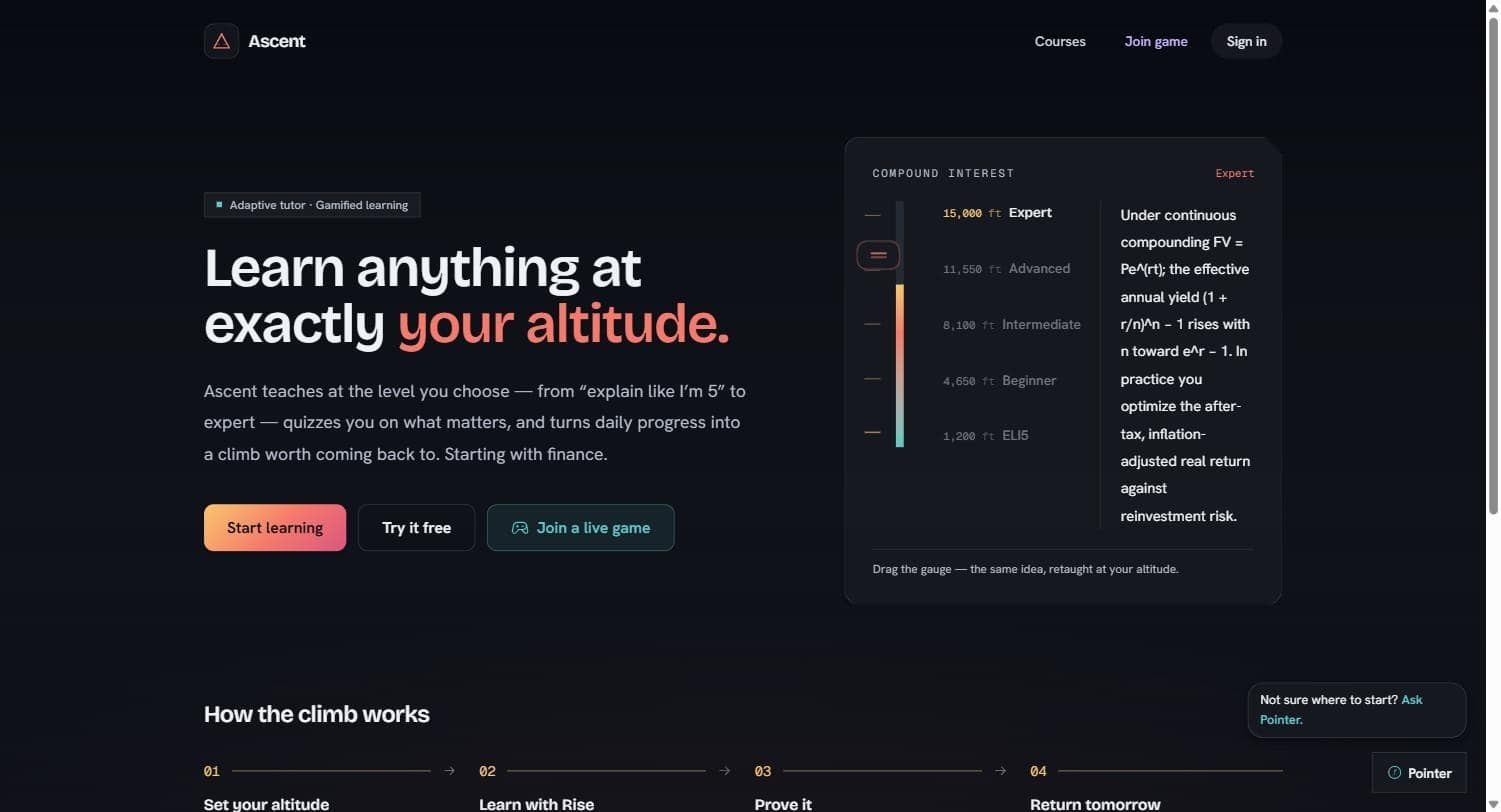 The Ascent home page with the altitude gauge dragged to Expert, showing compound interest explained in terms of continuous compounding and effective annual yield.