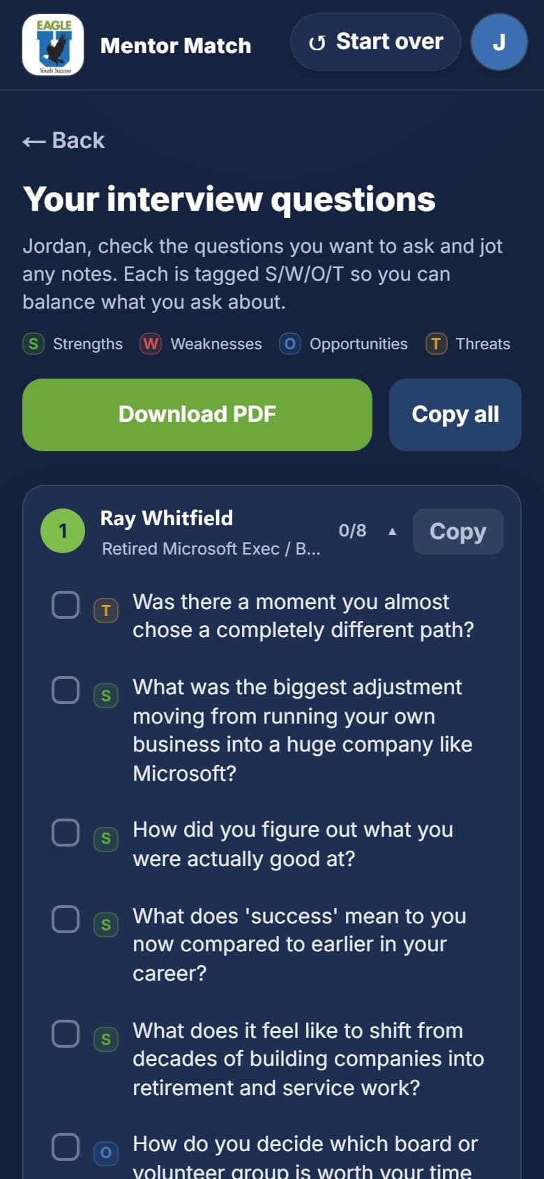 The interview questions screen: questions written for one specific mentor, each tagged S, W, O or T, with a Download PDF action.