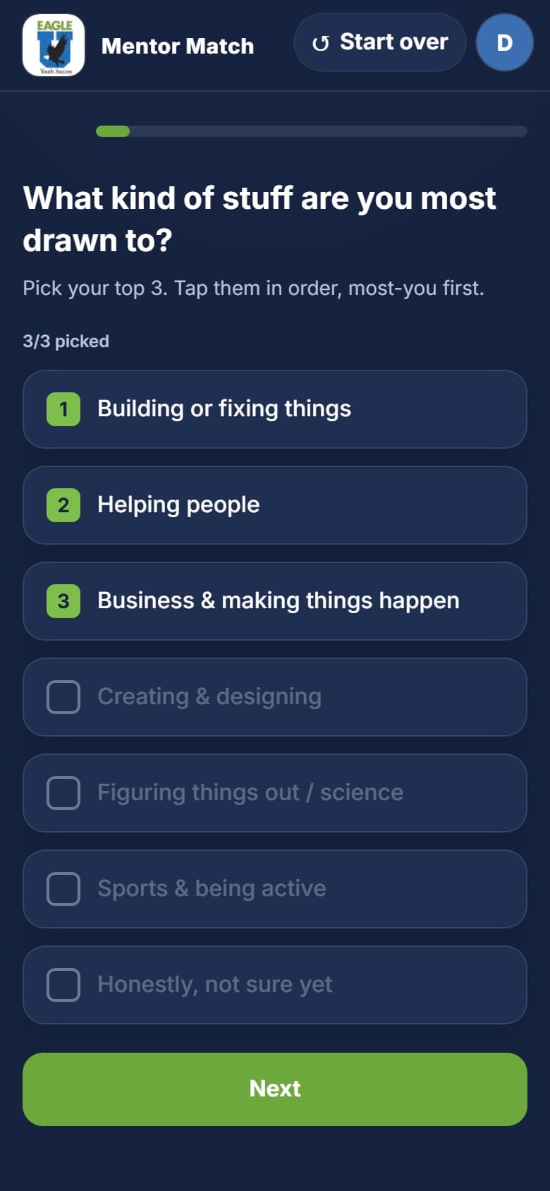 A questionnaire screen asking what kind of work the student is drawn to, with three of eight options picked in order.