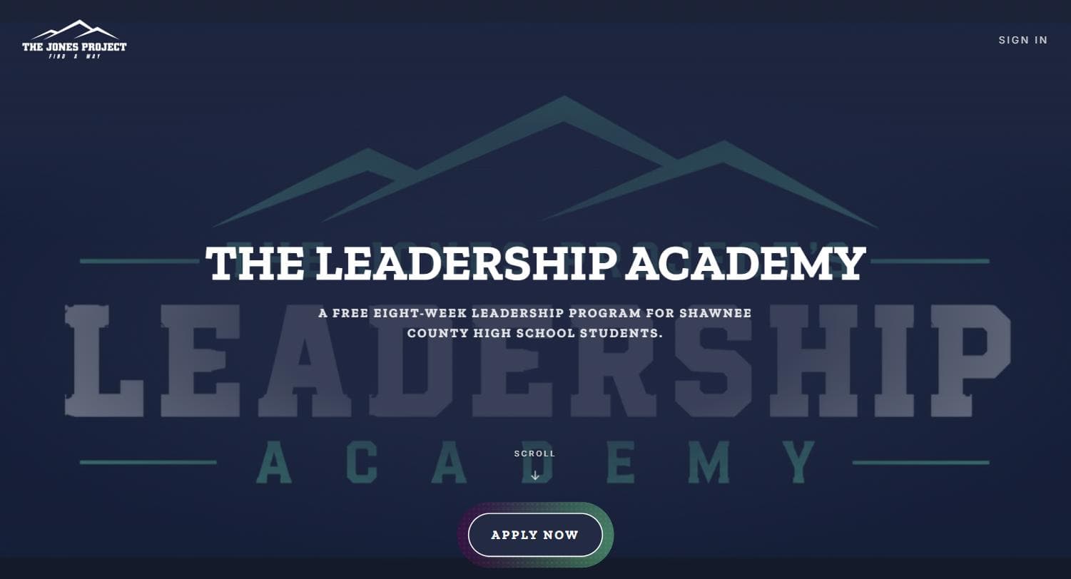 The Leadership Academy landing page: a full-screen photographic panel with the program name and an Apply Now button.