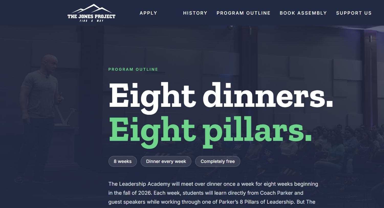 The Topeka Leadership Academy program page, headed “Eight dinners. Eight pillars.” over a photograph of a speaker addressing an auditorium.